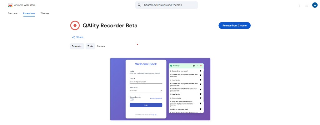 QAlity Recorder page on Chrome Web Store