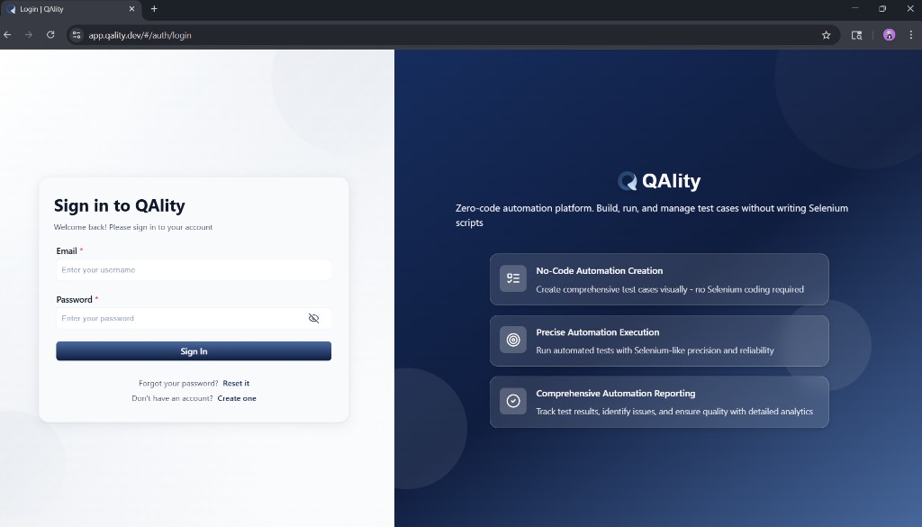 QAlity sign in page