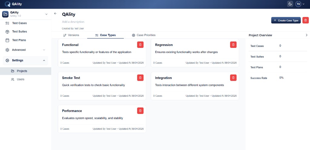 Project case types screen with Create Case Type button