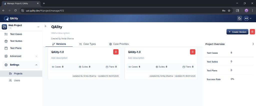 Project versions screen with Create Version button