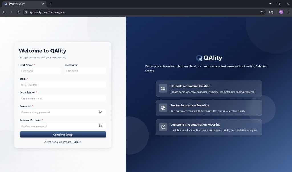QAlity create account page