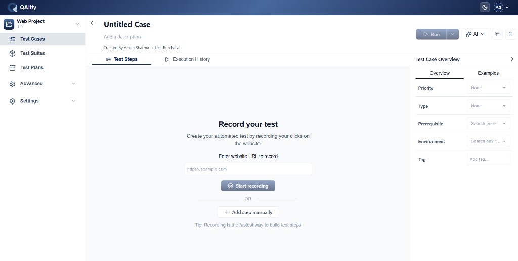 Untitled Case screen with test steps and right-side test case overview